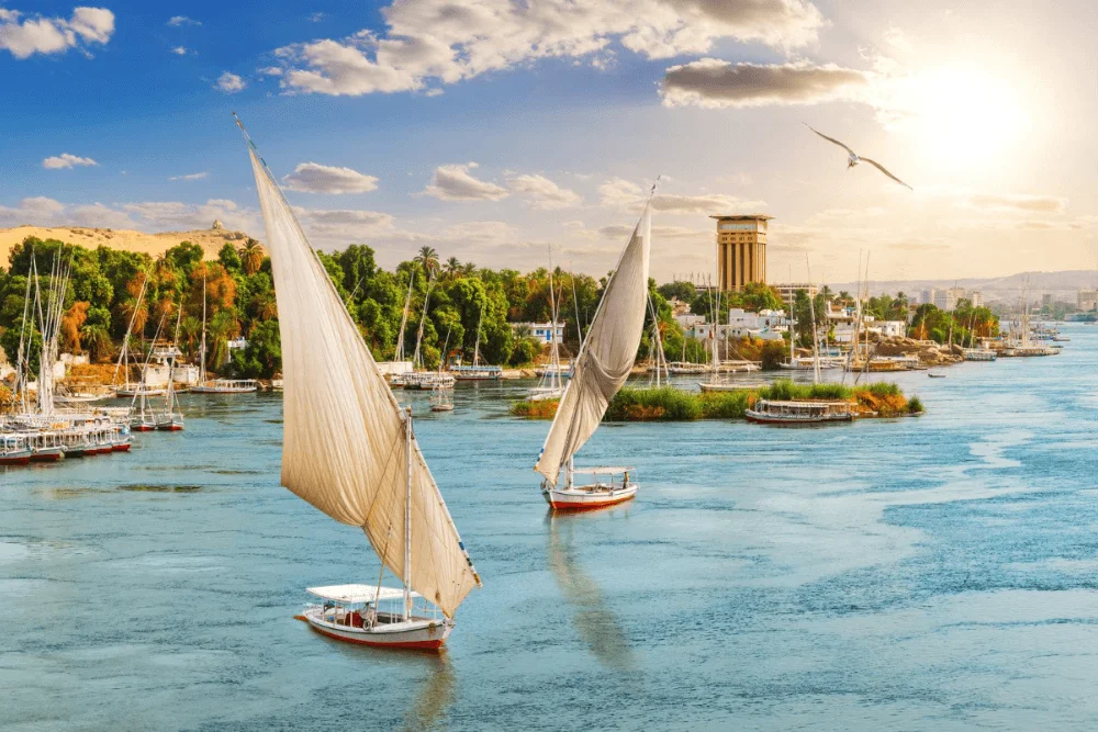 Felucca sailing on the Aswan Nile with Egypt Tours Group.