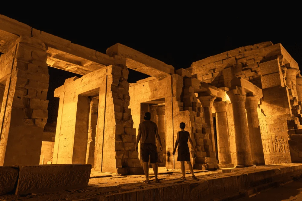 Karnak Temple's grandeur illuminated during the Sound and Light Show with Egypt Tours Group.