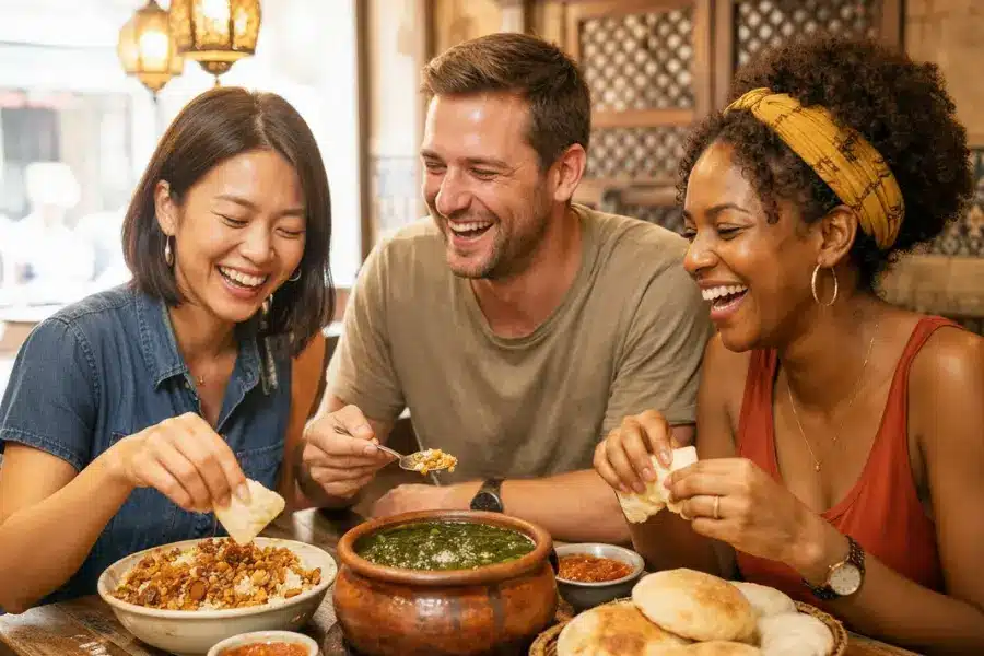 Tourists enjoy eating Egyptian food - Egypt Travel Cost 2026: How Much Does a Trip to Egypt Really Cost? - Egypt Tours Group