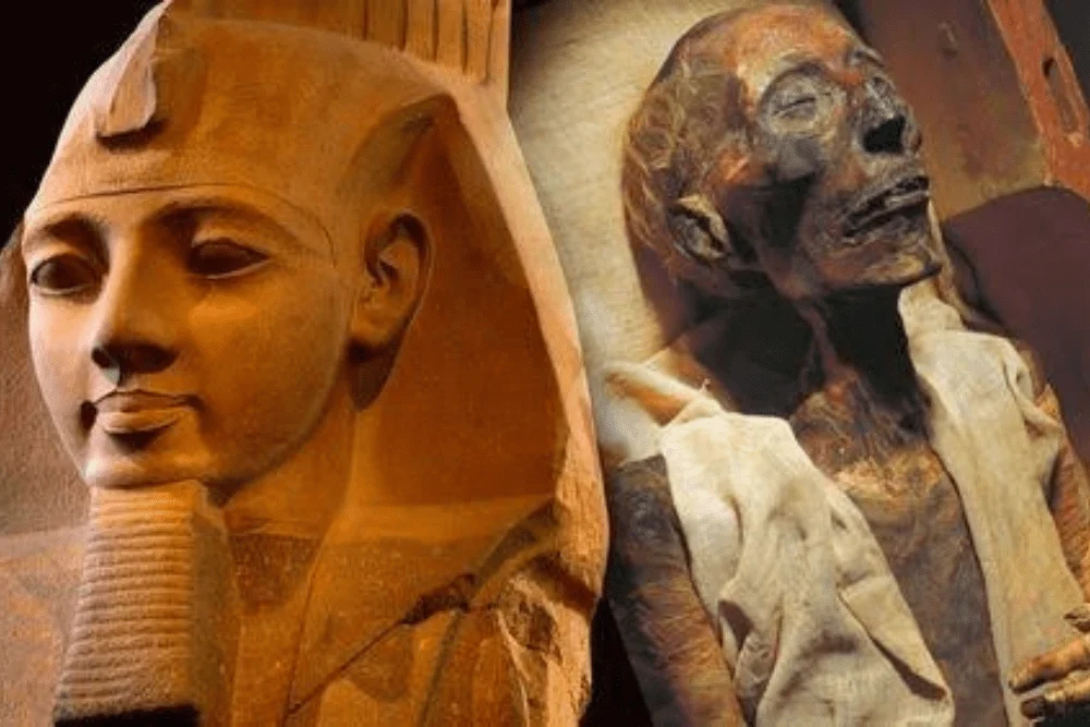 Split image showing a pharaoh statue face on the left and the mummy of Ramesses II on the right.