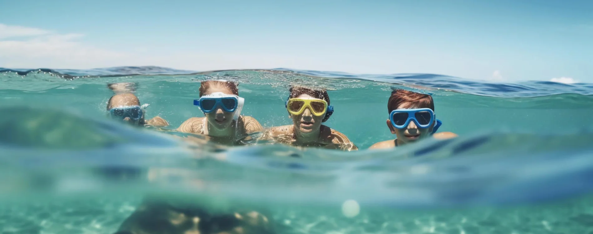 Four people snorkeling at the water's surface.