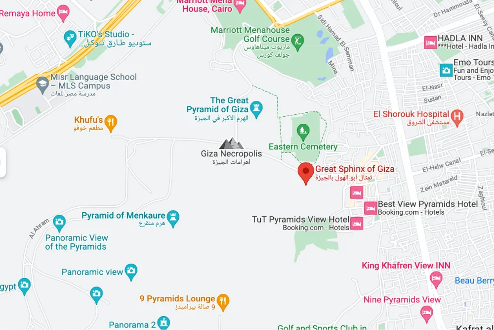 Location of the Great Sphinx in Giza Plateau