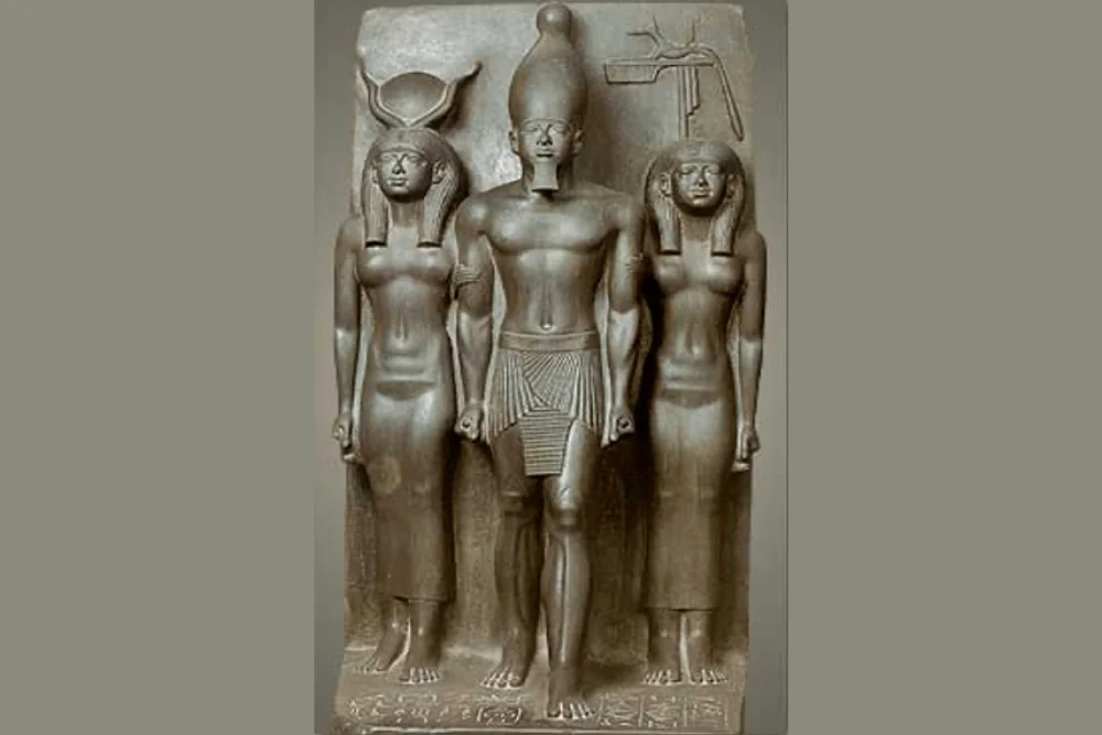 First Triad of King Menkaure with Hathor and nome goddess Inpw