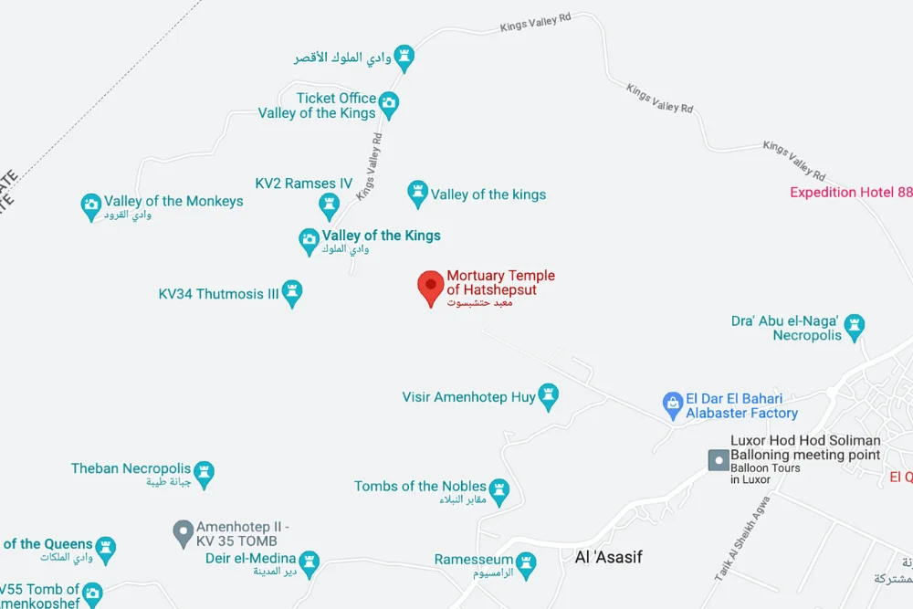Map showing the location of the Temple of Hatshepsut in Deir el-Bahari on Luxor’s West Bank