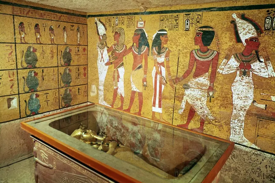 Tutankhamun’s mummy inside his tomb KV62 in the Valley of the Kings, Luxor