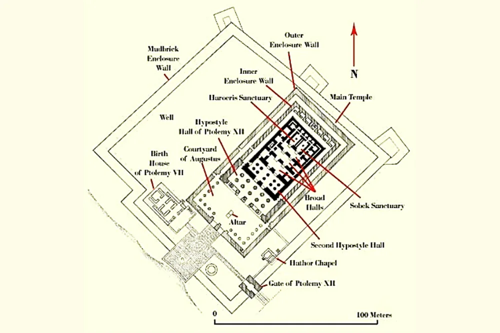 Detailed design illustration of Kom Ombo Temple with Egypt Tours Group.