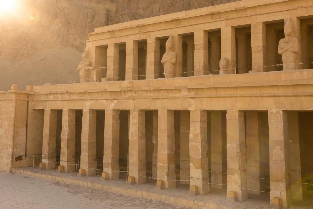 Divine Birth Colonnade reliefs at the Temple of Hatshepsut depicting Amun and Queen Ahmose