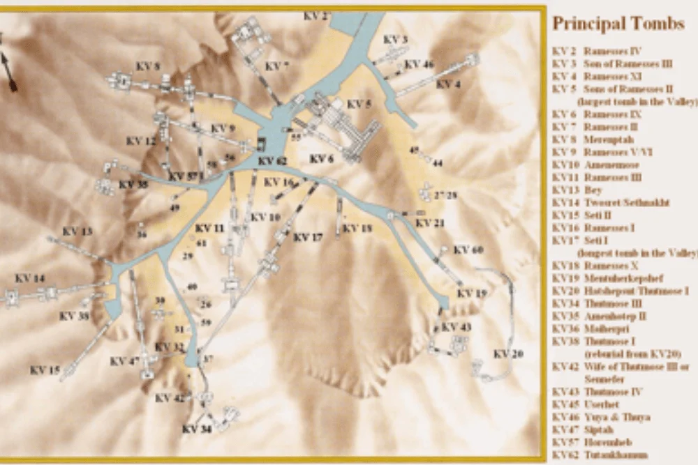 Illustrated East Valley map showing numbered KV tomb locations.