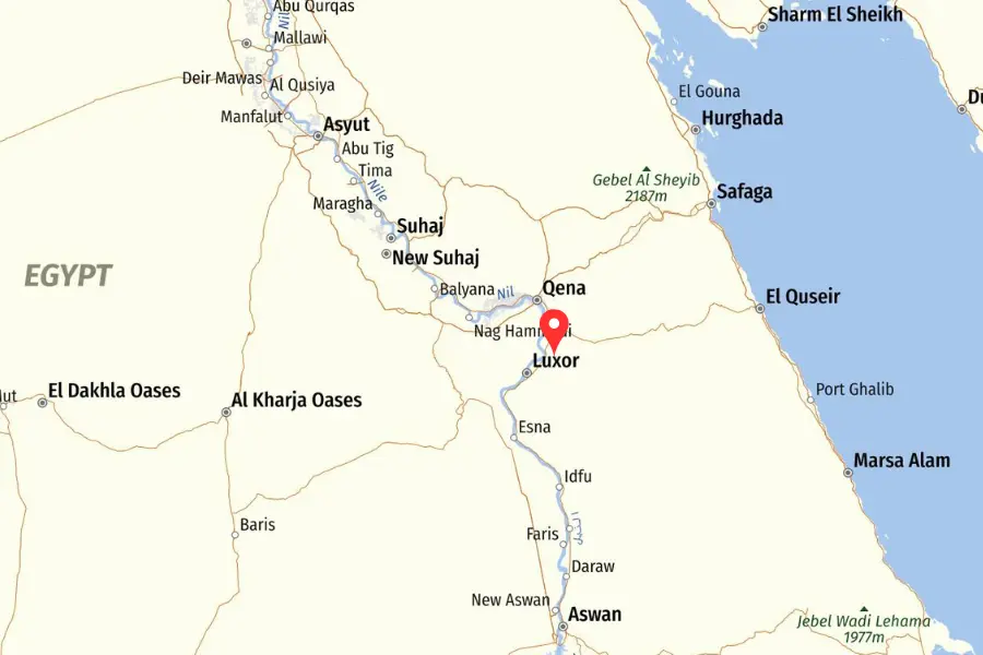 Luxor city Egypt map showing its location in Upper Egypt along the Nile River