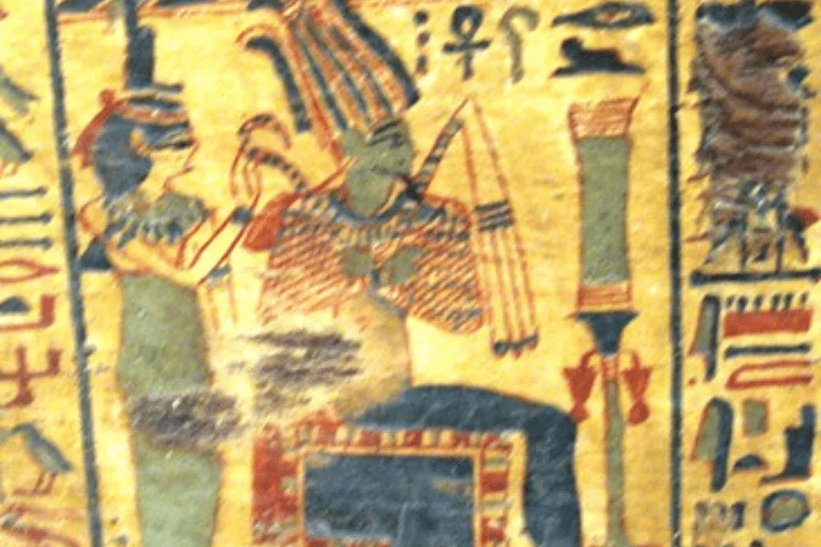 Osiris with the Atef crown, crook and flail, green skin of rebirth