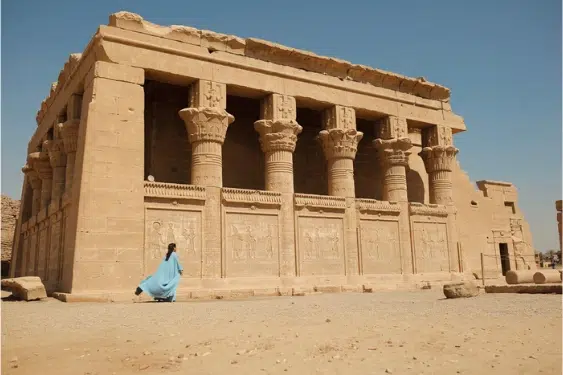 Dendera Temple of Hathor – Columns and Reliefs Traveler in blue dress exploring the Temple of Hathor at Dendera
