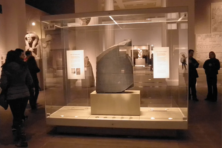 The Rosetta Stone displayed at the British Museum.