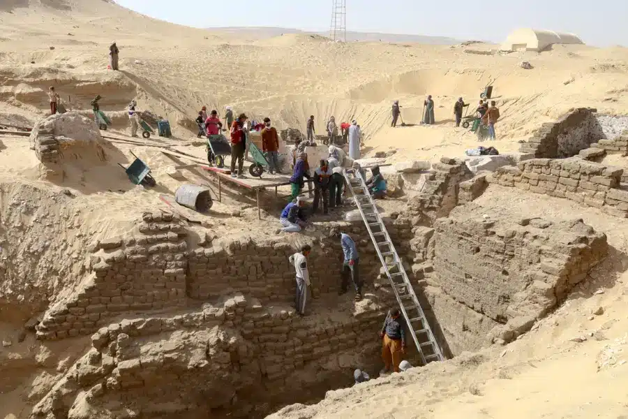 Archaeological excavation at Abydos in Egypt showing a newly discovered ancient burial site