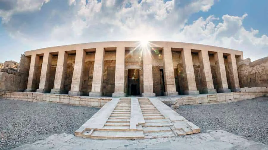 Front view of the Temple of Seti I at Abydos, one of the most important temples in ancient Egypt