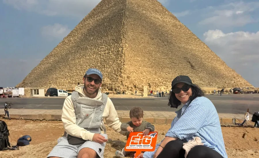 Family travelers at the Giza Pyramids during 8 Days Cairo, Nile Cruise & Alexandria Tour with Egypt Tours Group