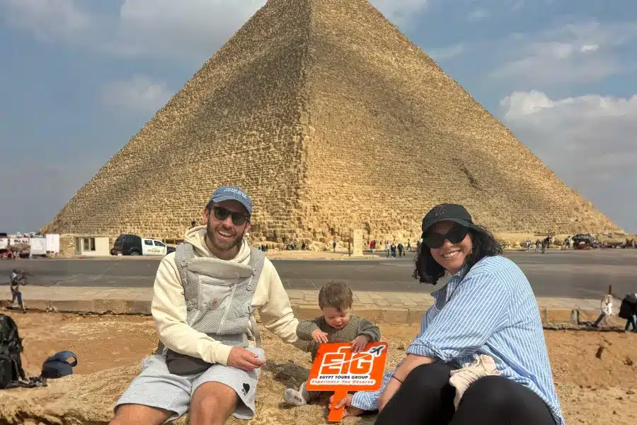 Family travelers at the Giza Pyramids during 8 Days Cairo, Nile Cruise & Alexandria Tour with Egypt Tours Group
