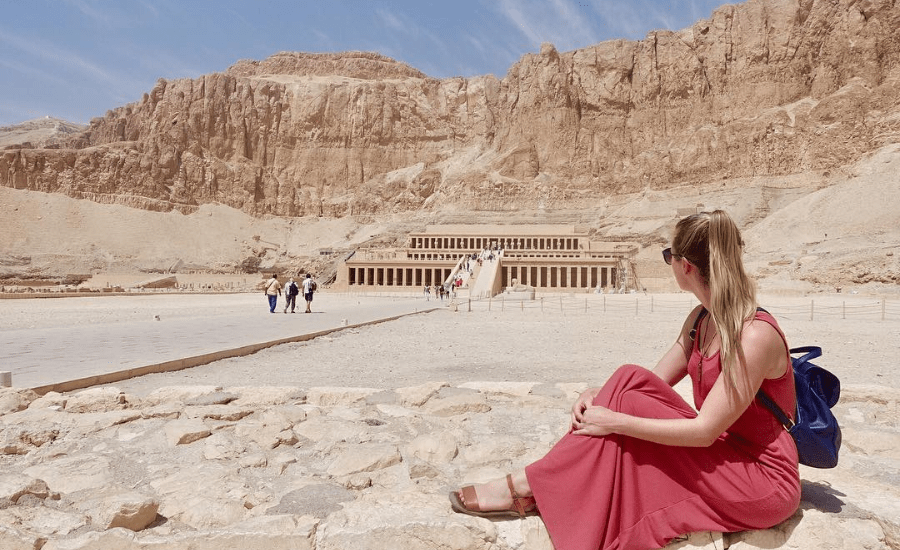 Egypt Itinerary 8 Days Cairo, Abu Simbel, Luxor and Hurghada - Queen Hatshepsut Temple against cliffs