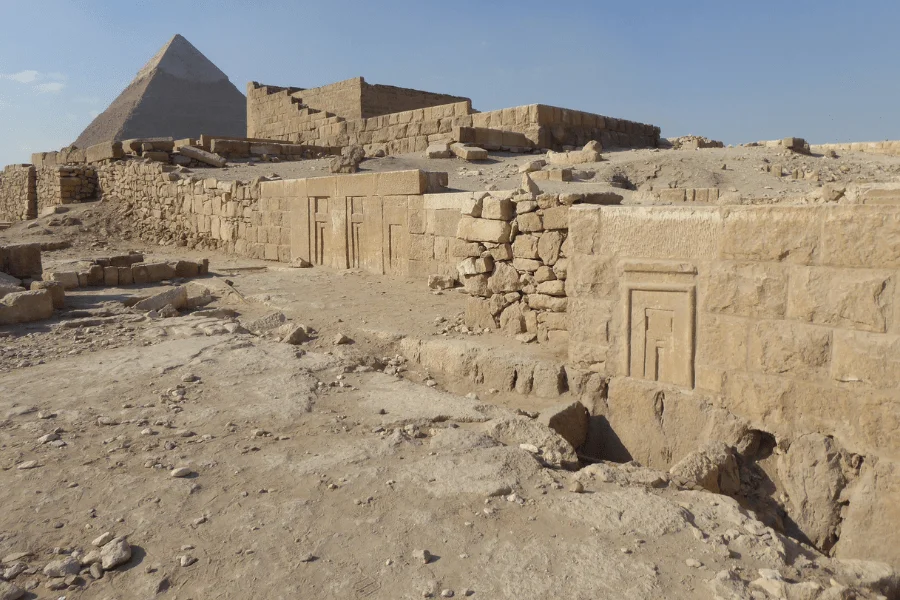 Giza Necropolis showing the pyramids, tombs, and surrounding desert landscape in Egypt