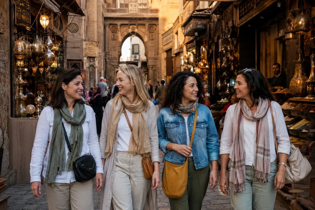 Friends exploring Khan El Khalili during their Egypt trip