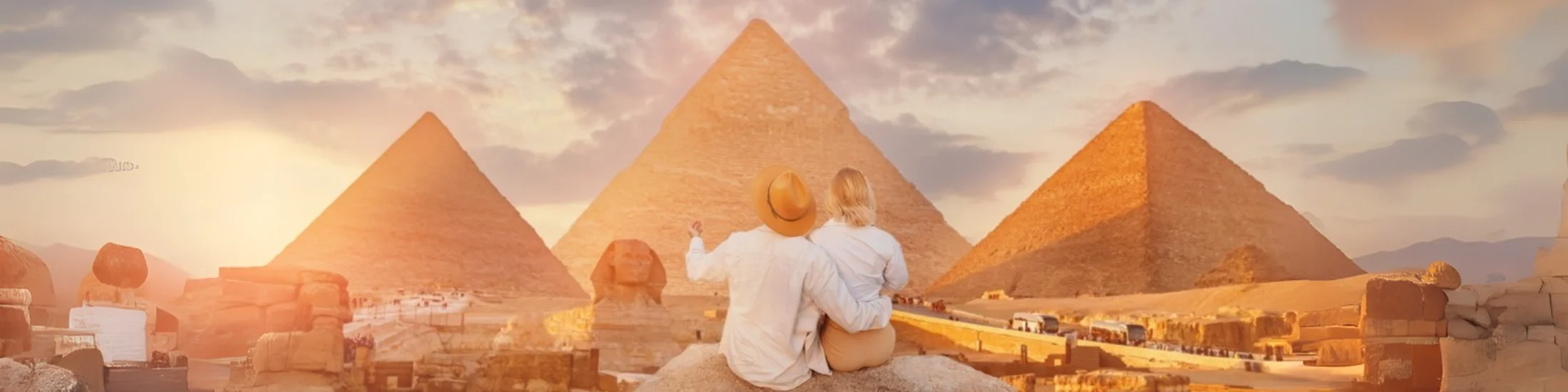 Couples at Giza Pyrramids, part of our 14 Days Cairo, Luxor, Hurghada, Bahariya, Dakhla & Kharga Oases Tour