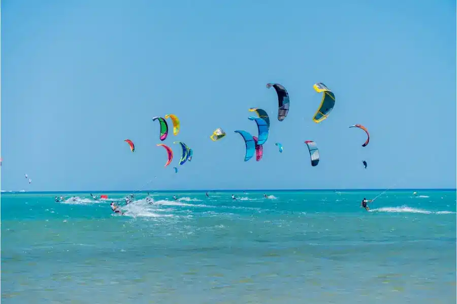 Kitesurfing in El Gouna, Egypt, on the Red Sea with steady winds.