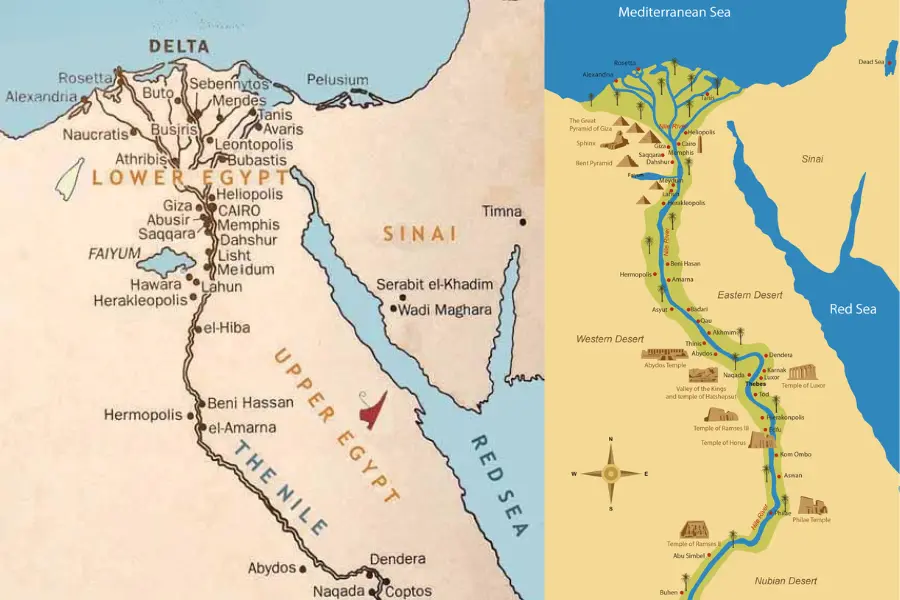 Map of ancient Egyptian cities showing Thebes, Memphis, Abydos, Amarna, Avaris, Heliopolis, and Alexandria across the Nile Valley.