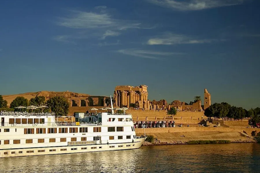 Nile cruise sailing between Luxor and Aswan near ancient temples in Egypt