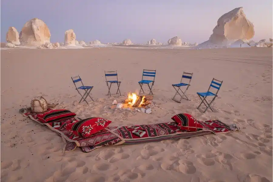 Camping in the White Desert with chalk rock formations in Egypt
