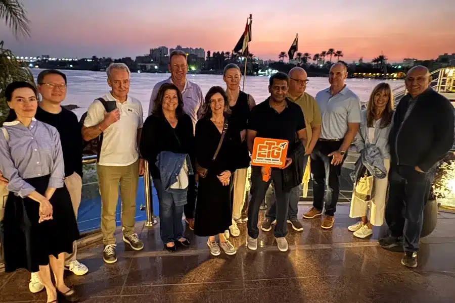 Travelers enjoying a Nile sunset during 7 Days Cairo, Abu Simbel, Luxor & Oasis Tour with Egypt Tours Group