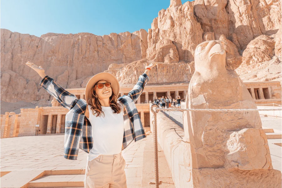 A visitor at the Temple of Hatshepsut in Luxor.