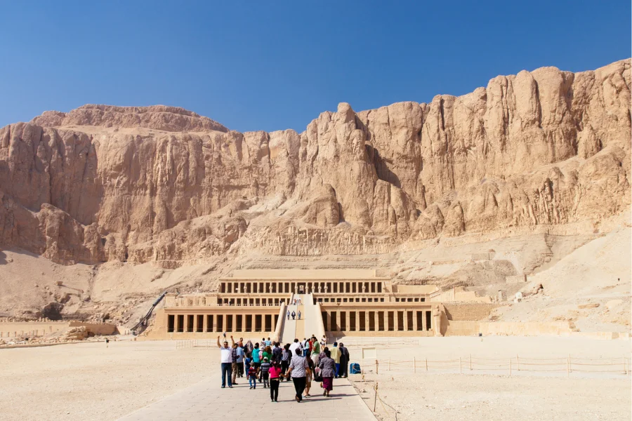 Visitors in front of Hatshepsut Temple on Luxor’s West Bank.