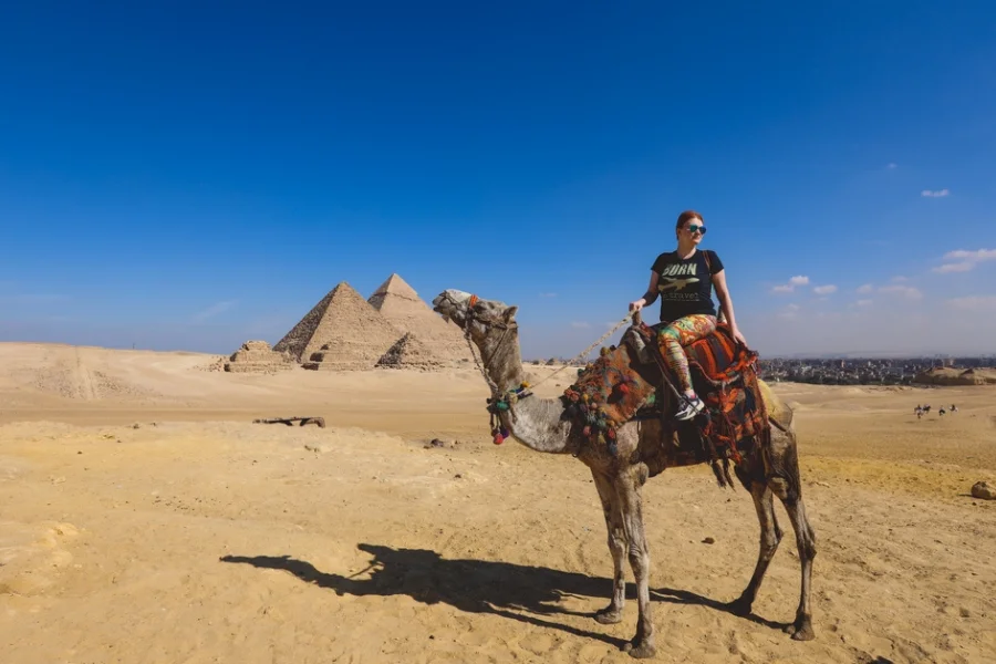The Great Pyramids of Giza under a clear blue sky in Egypt