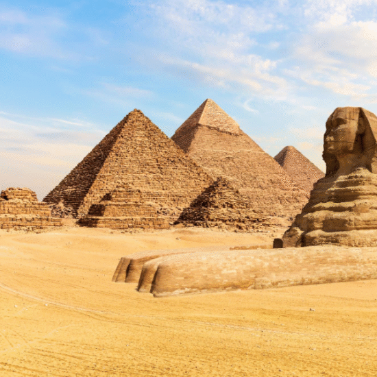 Panoramic view of the Pyramids of Giza with the Sphinx