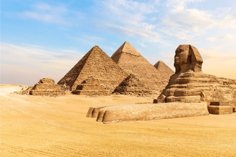 Panoramic view of the Pyramids of Giza with the Sphinx