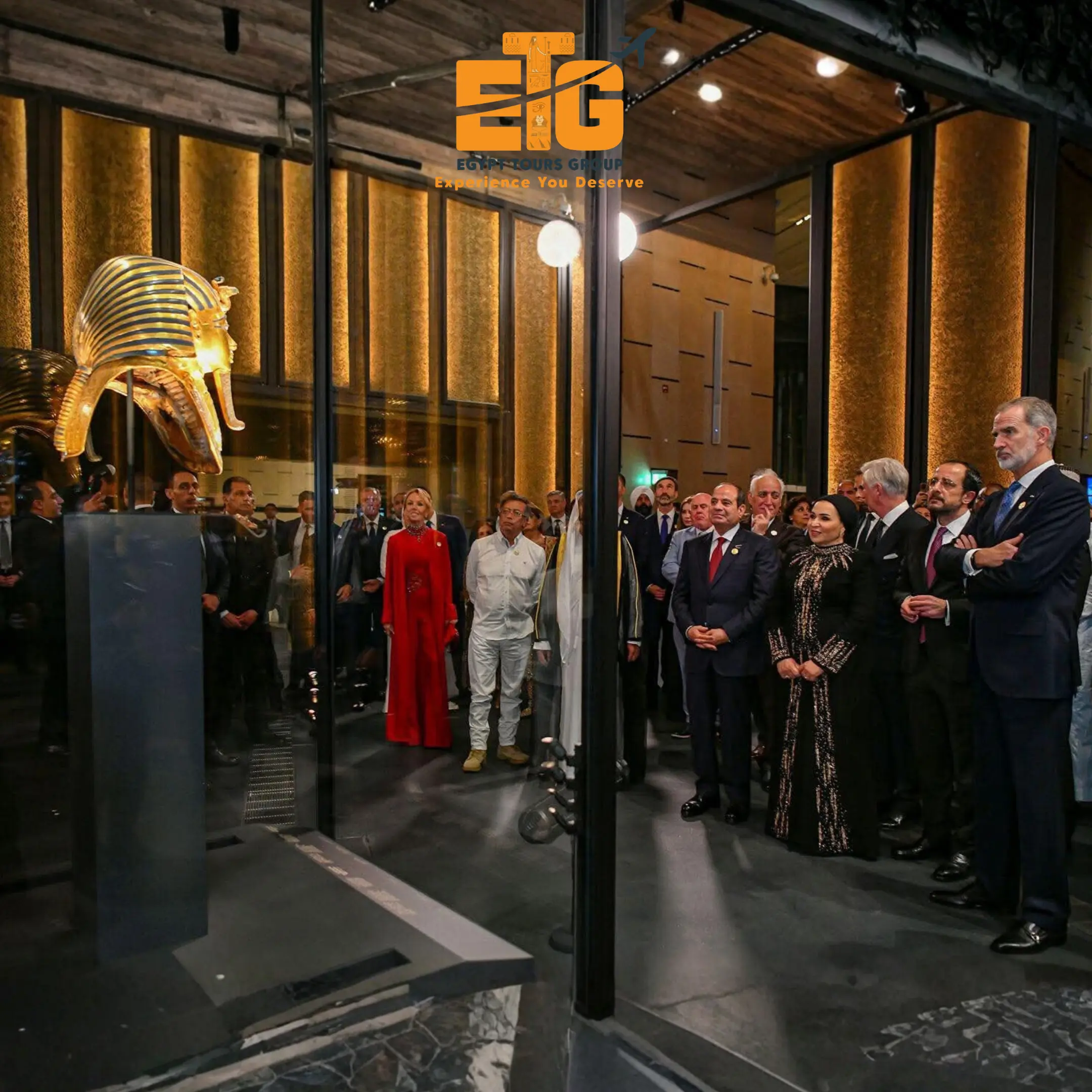 President El-Sisi and guests viewing Tutankhamun’s golden mask at the Grand Egyptian Museum Opening 2025