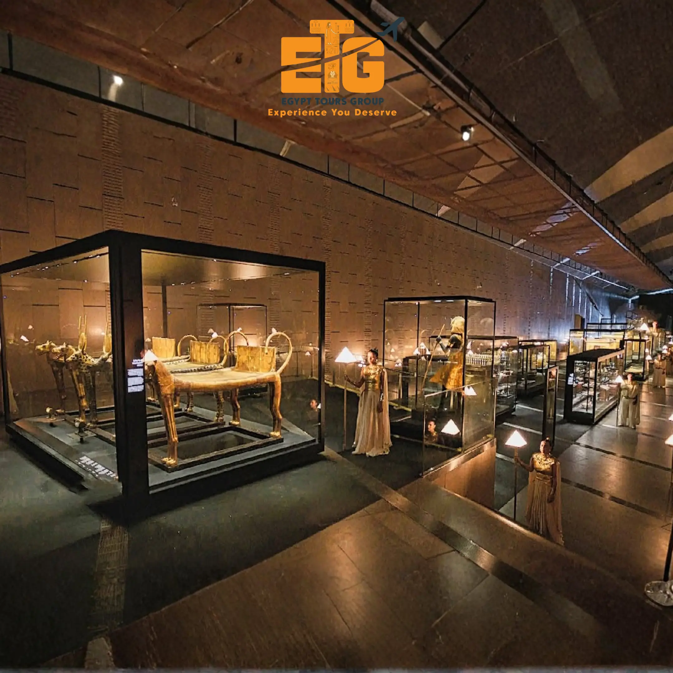 Tutankhamun treasures displayed inside the Grand Egyptian Museum during the 2025 opening ceremony in Giza