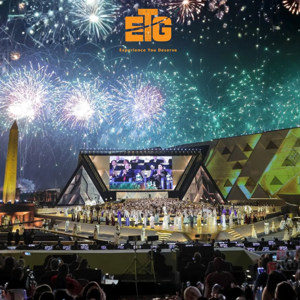 Fireworks over the Grand Egyptian Museum Opening night in Giza, Egypt