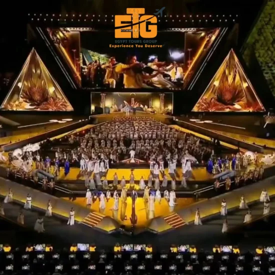 Opening ceremony performance at the Grand Egyptian Museum 2025 featuring Egyptian dancers and orchestra