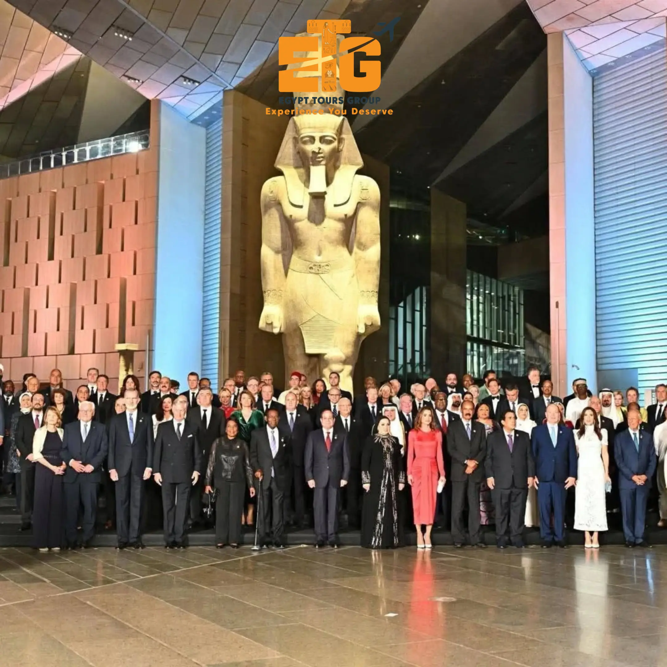 World leaders at the Grand Egyptian Museum Opening 2025 standing before the Ramses II statue