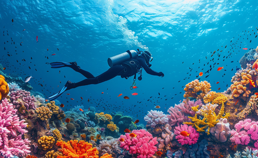 Scuba diver exploring coral reefs in Hurghada