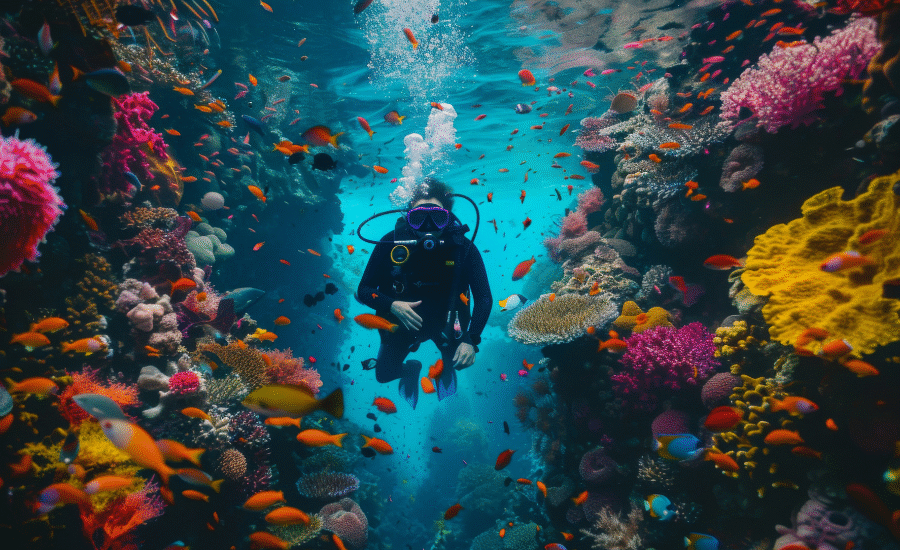 Scuba diver exploring coral reefs in the Red Sea near Hurghada, Egypt - 10 Days Cairo, Hurghada & Nile Cruise Easter Holiday Tour.