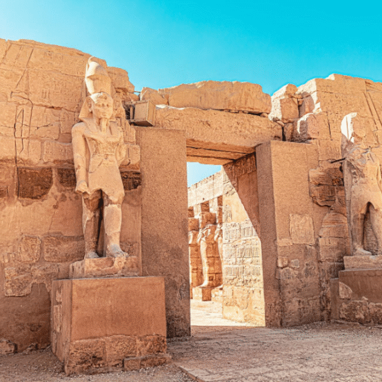 Panoramic view of Karnak Temple with its giant columns and ancient ruins in Luxor