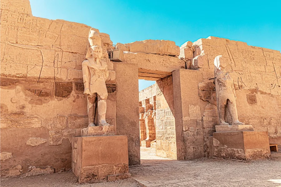 Panoramic view of Karnak Temple with its giant columns and ancient ruins in Luxor