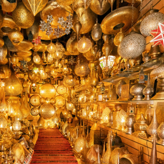 Traditional shops and lanterns at Khan El Khalili Bazaar in Cairo, Egypt.