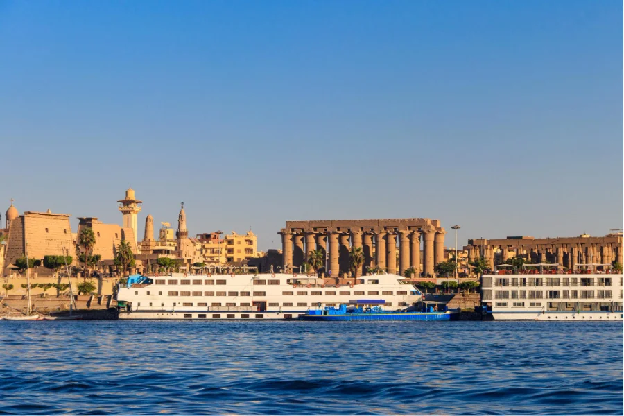 Nile cruise vessels beside Luxor’s waterfront.