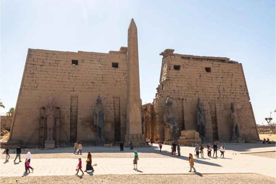 Entrance to Luxor Temple with its obelisk and pylons.