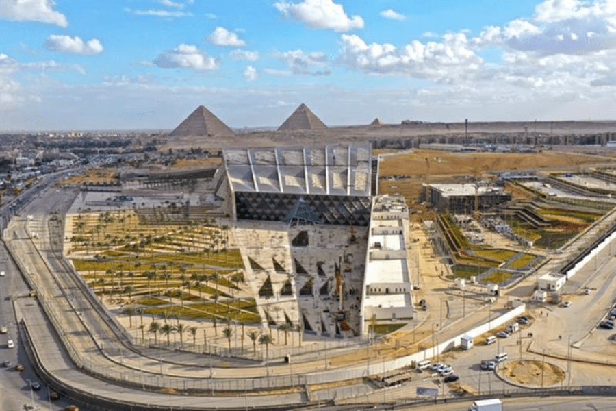 Aerial view of the Grand Egyptian Museum near the Pyramids
