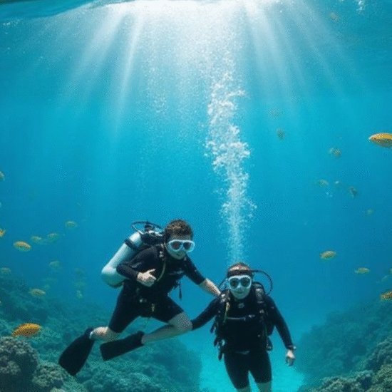 Diver near coral reef in the Red Sea