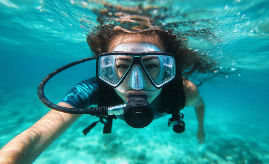 Diver near coral reef in the Red Sea