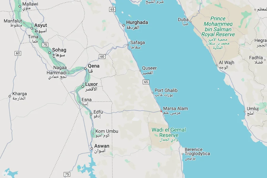 Map showing Marsa Alam’s location on Egypt’s Red Sea coast
